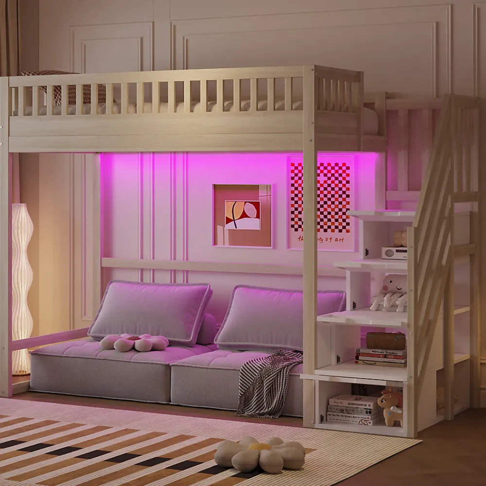 Lit mezzanine 90x200 cm avec échelle de sécurité - avec barrières de sécurité - lumières LED - naturel(sans matelas)>ModernLuxe Online