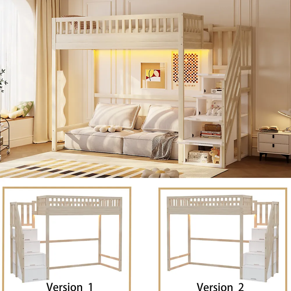 Lit mezzanine 90x200 cm avec échelle de sécurité - avec barrières de sécurité - lumières LED - naturel(sans matelas)>ModernLuxe Online