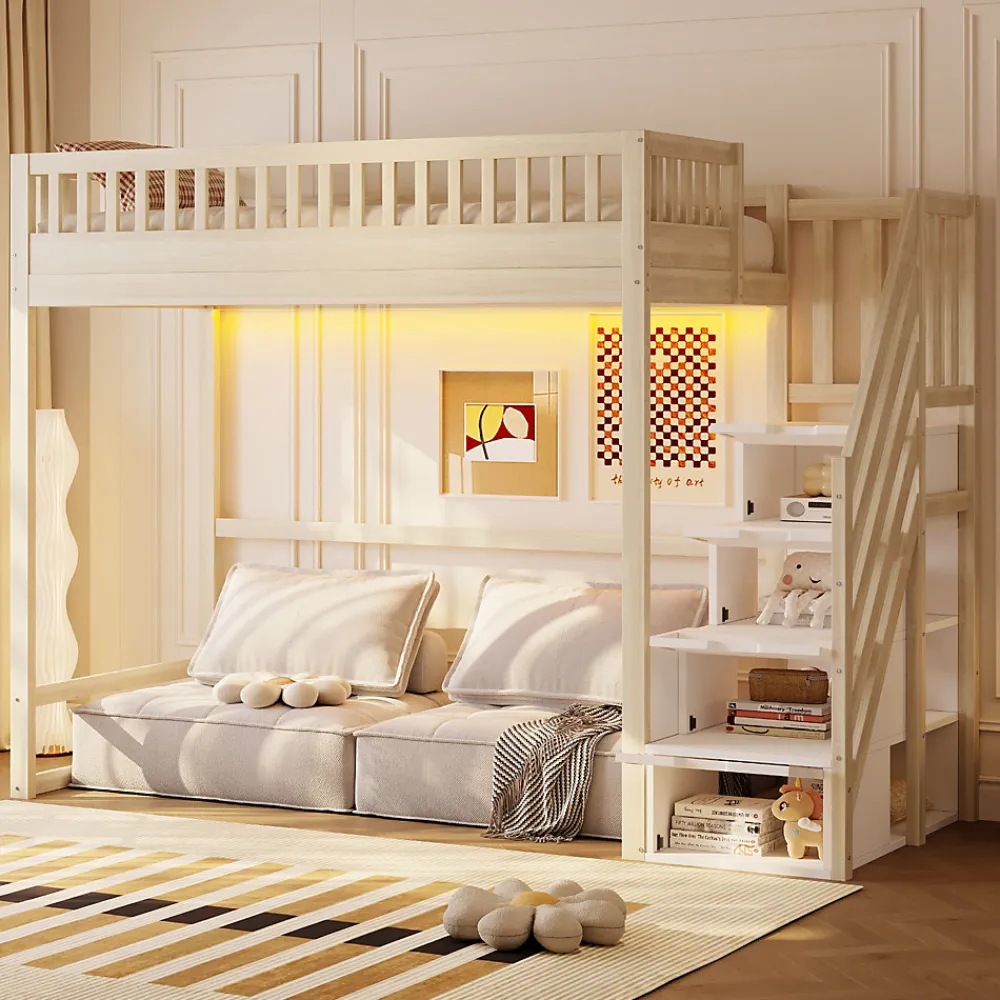 Lit mezzanine 90x200 cm avec échelle de sécurité - avec barrières de sécurité - lumières LED - naturel(sans matelas)>ModernLuxe Online
