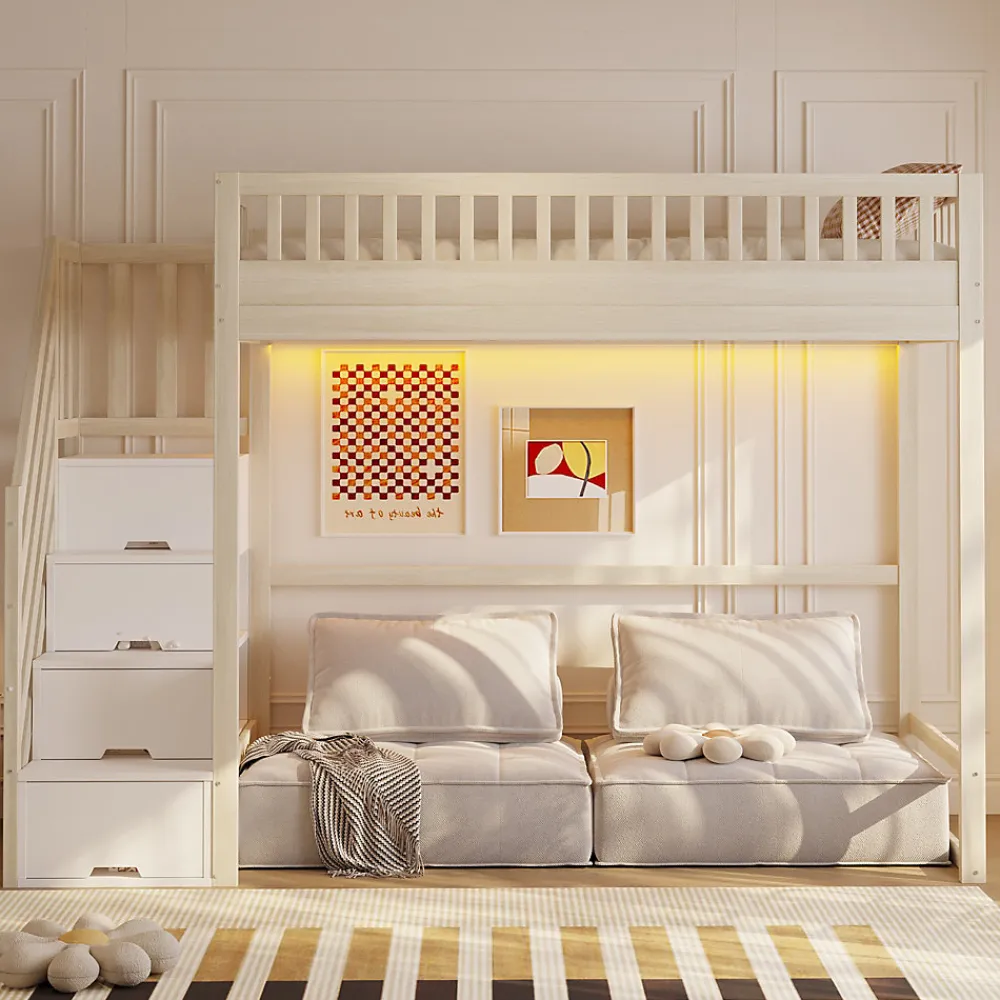 Lit mezzanine 90x200 cm avec échelle de sécurité - avec barrières de sécurité - lumières LED - naturel(sans matelas)>ModernLuxe Online