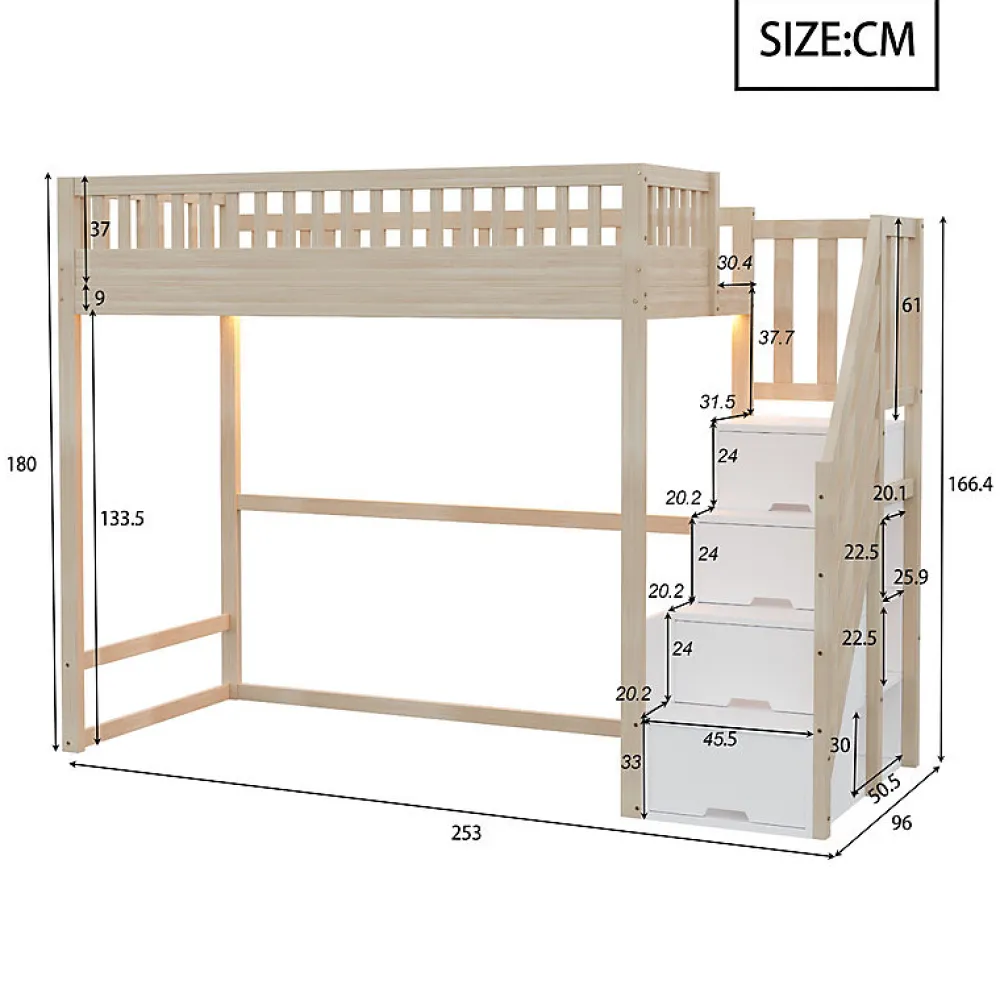 Lit mezzanine 90x200 cm avec échelle de sécurité - avec barrières de sécurité - lumières LED - naturel(sans matelas)>ModernLuxe Online