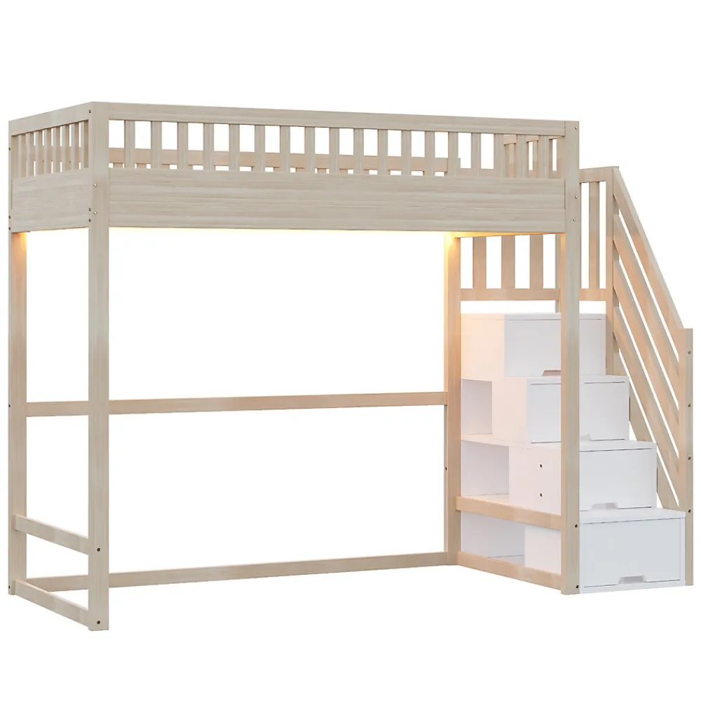 Lit mezzanine 90x200 cm avec échelle de sécurité - avec barrières de sécurité - lumières LED - naturel(sans matelas)>ModernLuxe Online