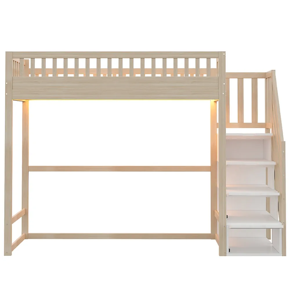 Lit mezzanine 90x200 cm avec échelle de sécurité - avec barrières de sécurité - lumières LED - naturel(sans matelas)>ModernLuxe Online