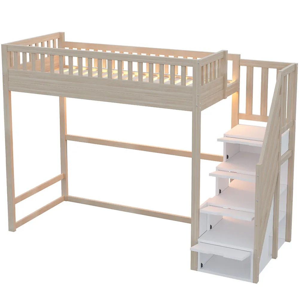Lit mezzanine 90x200 cm avec échelle de sécurité - avec barrières de sécurité - lumières LED - naturel(sans matelas)>ModernLuxe Online