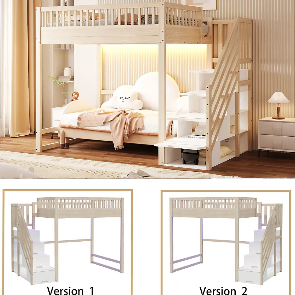 Lit mezzanine 140x200 cm avec échelle de sécurité - avec barrières de sécurité - lumières LED - naturel(sans matelas)>ModernLuxe Outlet