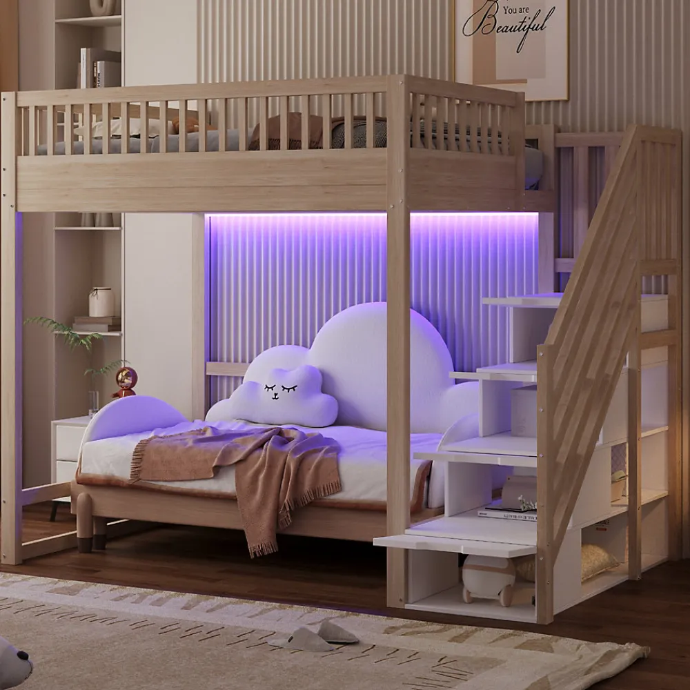 Lit mezzanine 140x200 cm avec échelle de sécurité - avec barrières de sécurité - lumières LED - naturel(sans matelas)>ModernLuxe Outlet