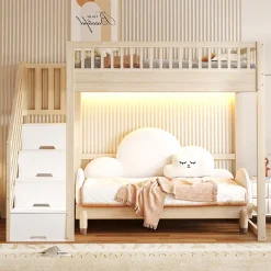 Lit mezzanine 140x200 cm avec échelle de sécurité - avec barrières de sécurité - lumières LED - naturel(sans matelas)><noscript><img width=