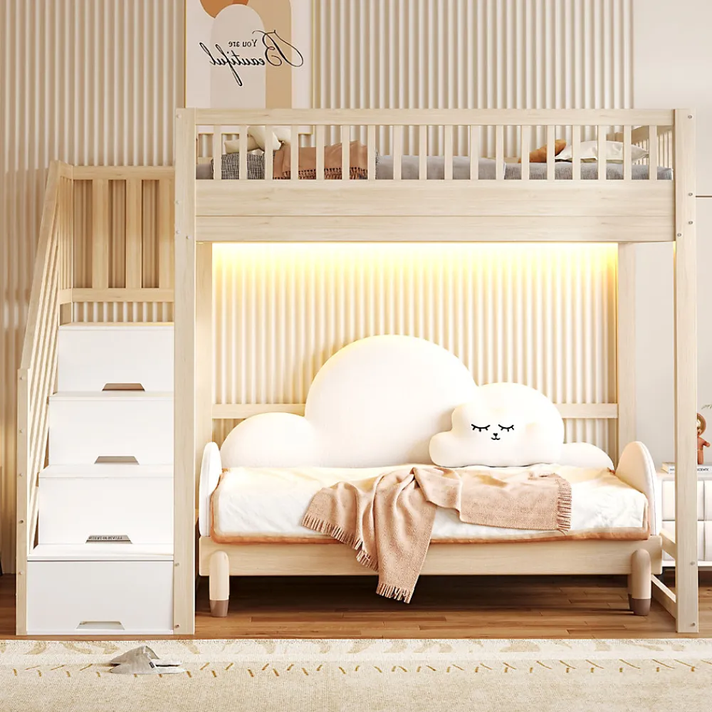 Lit mezzanine 140x200 cm avec échelle de sécurité - avec barrières de sécurité - lumières LED - naturel(sans matelas)>ModernLuxe Outlet