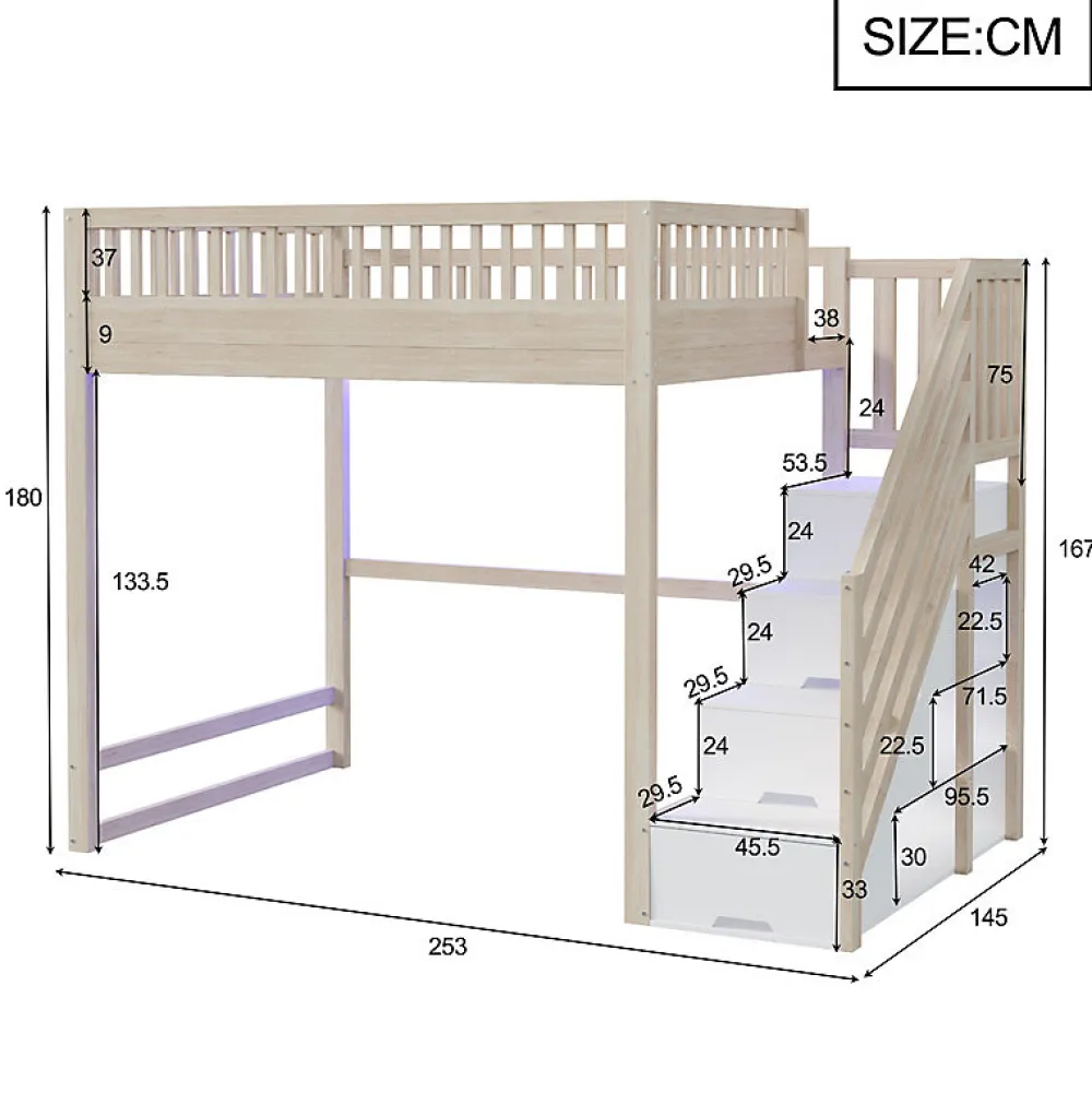 Lit mezzanine 140x200 cm avec échelle de sécurité - avec barrières de sécurité - lumières LED - naturel(sans matelas)>ModernLuxe Outlet