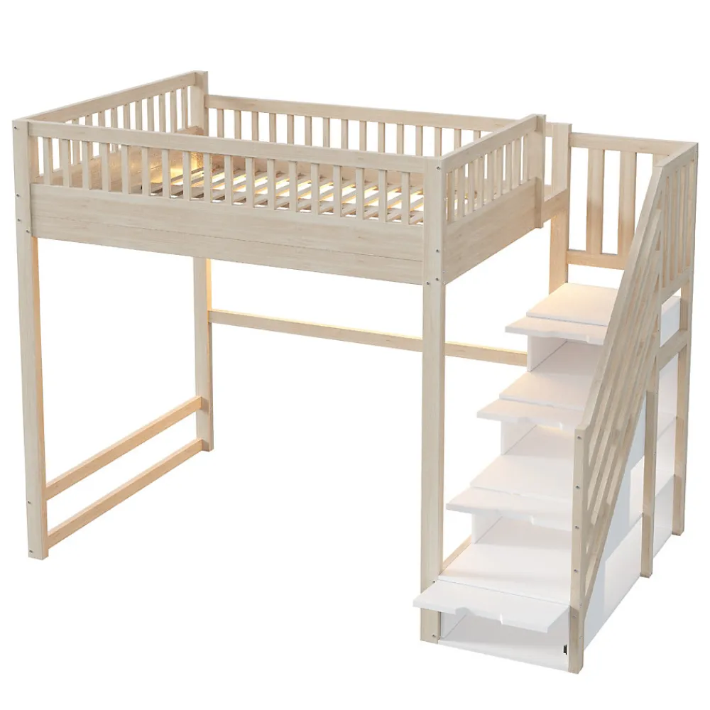 Lit mezzanine 140x200 cm avec échelle de sécurité - avec barrières de sécurité - lumières LED - naturel(sans matelas)>ModernLuxe Outlet