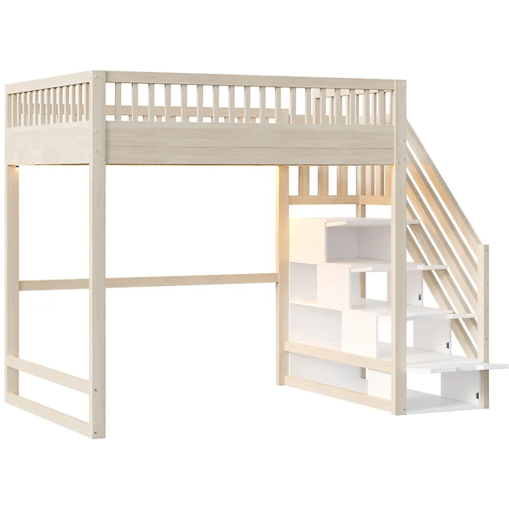 Lit mezzanine 140x200 cm avec échelle de sécurité - avec barrières de sécurité - lumières LED - naturel(sans matelas)>ModernLuxe Outlet