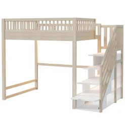 Lit mezzanine 140x200 cm avec échelle de sécurité - avec barrières de sécurité - lumières LED - naturel(sans matelas)><noscript><img width=