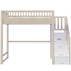 Lit mezzanine 140x200 cm avec échelle de sécurité - avec barrières de sécurité - lumières LED - naturel(sans matelas)><noscript><img width=
