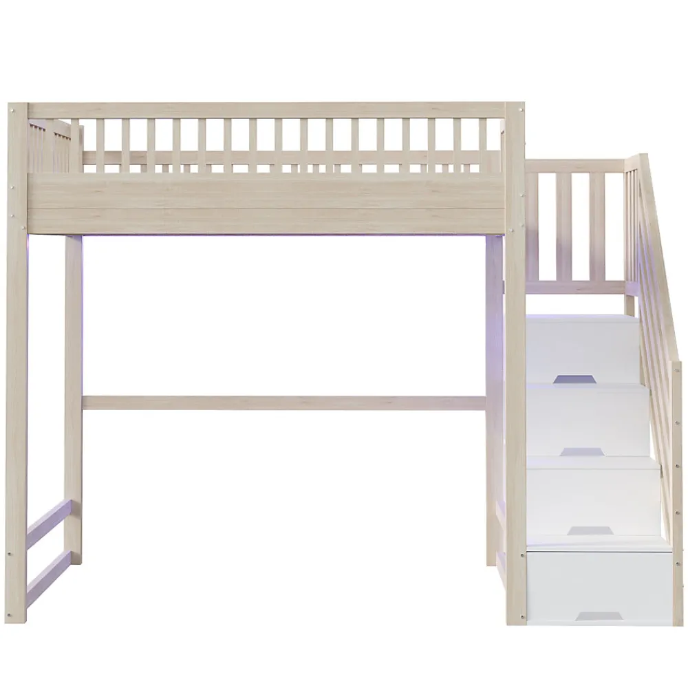 Lit mezzanine 140x200 cm avec échelle de sécurité - avec barrières de sécurité - lumières LED - naturel(sans matelas)>ModernLuxe Outlet
