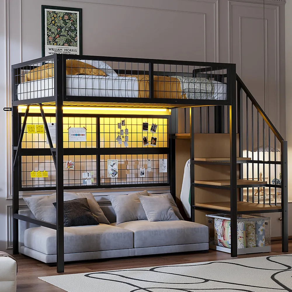 Lit mezzanine 90x200 cm avec échelle à rangements et bande LED pilotable, structure métal noir>Redom Sale