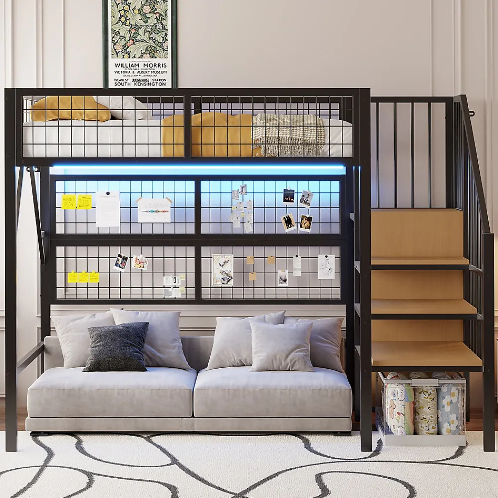 Lit mezzanine 90x200 cm avec échelle à rangements et bande LED pilotable, structure métal noir>Redom Sale