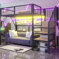 Lit mezzanine 90x200 cm avec échelle à rangements et bande LED pilotable, structure métal noir><noscript><img width=