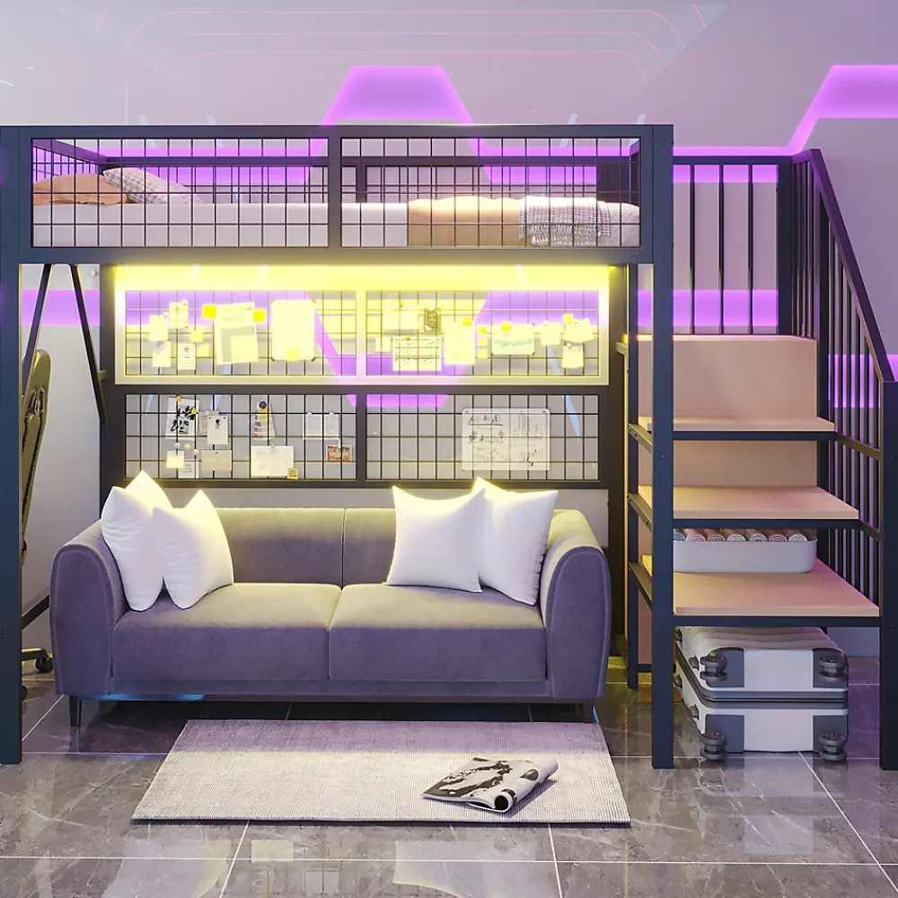 Lit mezzanine 90x200 cm avec échelle à rangements et bande LED pilotable, structure métal noir>Redom Sale