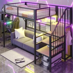 Lit mezzanine 90x200 cm avec échelle à rangements et bande LED pilotable, structure métal noir><noscript><img width=