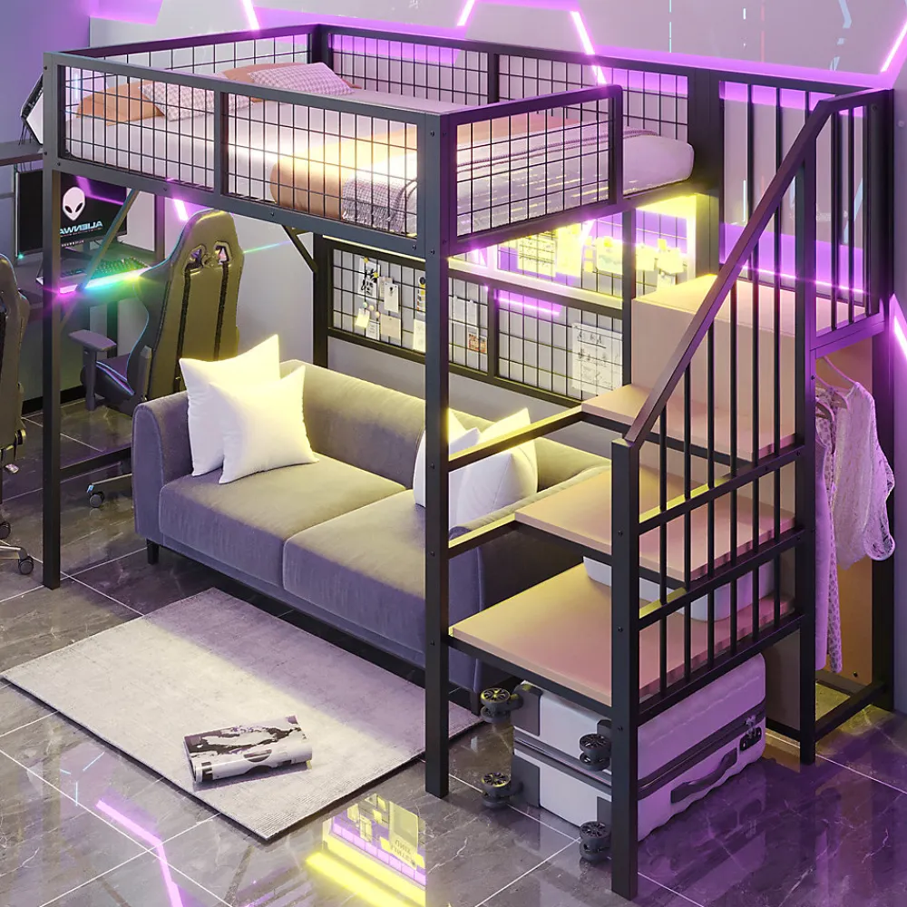 Lit mezzanine 90x200 cm avec échelle à rangements et bande LED pilotable, structure métal noir>Redom Sale
