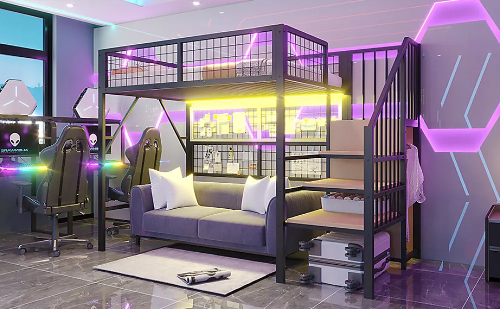 Lit mezzanine 90x200 cm avec échelle à rangements et bande LED pilotable, structure métal noir>Redom Sale