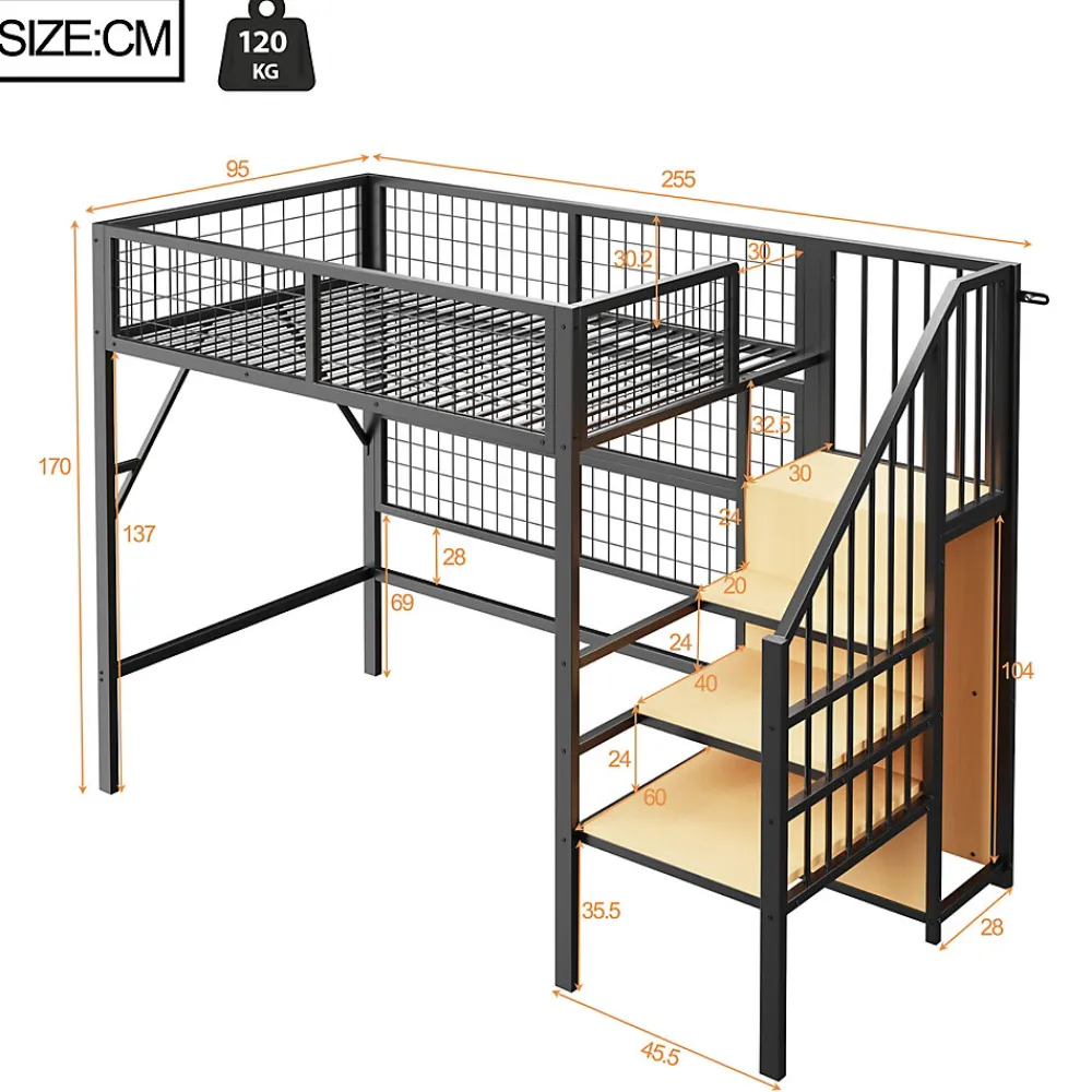 Lit mezzanine 90x200 cm avec échelle à rangements et bande LED pilotable, structure métal noir>Redom Sale