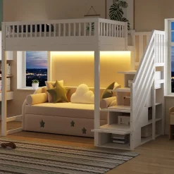ModernLuxe Lit mezzanine 140x200 cm avec échelle de sécurité - avec barrières de sécurité - lumières LED - blanc (sans matelas)* Lit Mezzanine