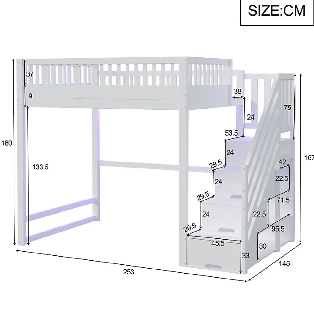 ModernLuxe Lit mezzanine 140x200 cm avec échelle de sécurité - avec barrières de sécurité - lumières LED - blanc (sans matelas)* Lit Mezzanine