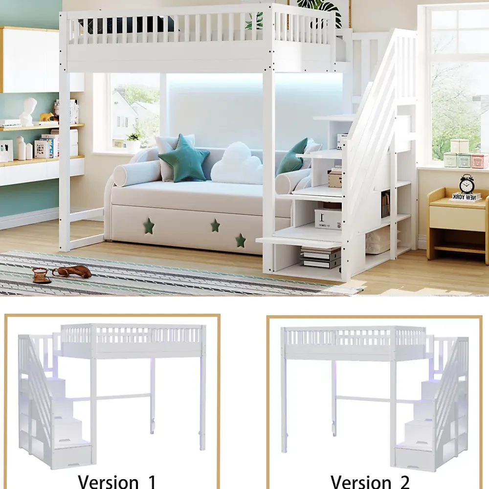 ModernLuxe Lit mezzanine 140x200 cm avec échelle de sécurité - avec barrières de sécurité - lumières LED - blanc (sans matelas)* Lit Mezzanine