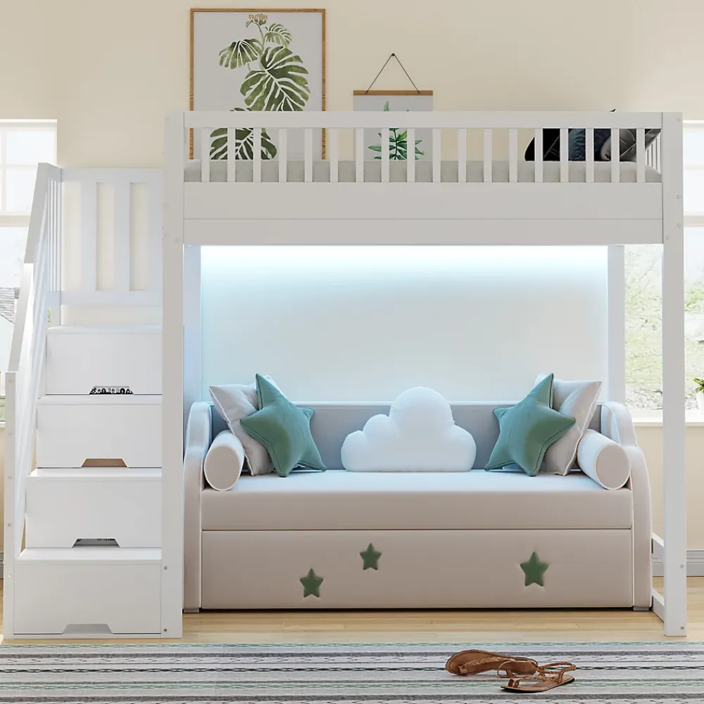 ModernLuxe Lit mezzanine 140x200 cm avec échelle de sécurité - avec barrières de sécurité - lumières LED - blanc (sans matelas)* Lit Mezzanine