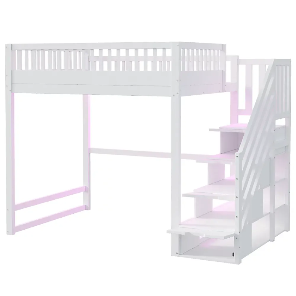ModernLuxe Lit mezzanine 140x200 cm avec échelle de sécurité - avec barrières de sécurité - lumières LED - blanc (sans matelas)* Lit Mezzanine