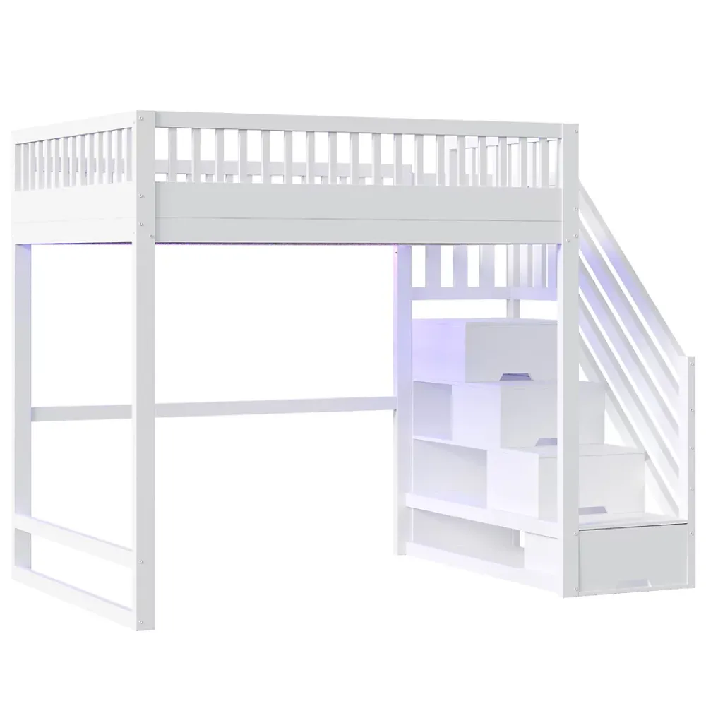 ModernLuxe Lit mezzanine 140x200 cm avec échelle de sécurité - avec barrières de sécurité - lumières LED - blanc (sans matelas)* Lit Mezzanine