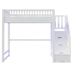 ModernLuxe Lit mezzanine 140x200 cm avec échelle de sécurité - avec barrières de sécurité - lumières LED - blanc (sans matelas)* Lit Mezzanine