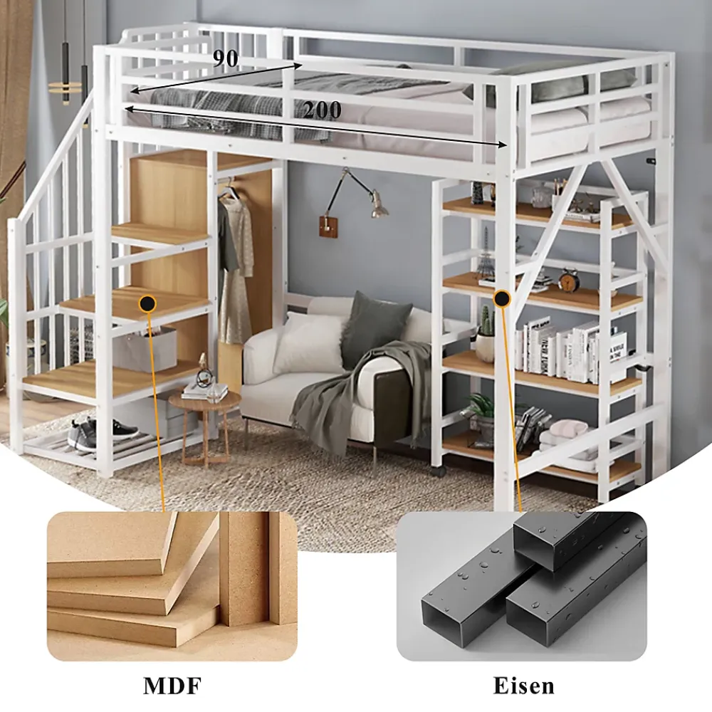Okwish Lit mezzanine 90x200 cm avec escalier de rangement et étagères intégrées - métal et MDF - blanc + naturel - sans matelas* Lit Mezzanine
