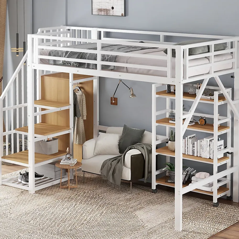 Okwish Lit mezzanine 90x200 cm avec escalier de rangement et étagères intégrées - métal et MDF - blanc + naturel - sans matelas* Lit Mezzanine
