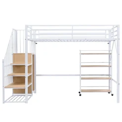 Okwish Lit mezzanine 90x200 cm avec escalier de rangement et étagères intégrées - métal et MDF - blanc + naturel - sans matelas* Lit Mezzanine