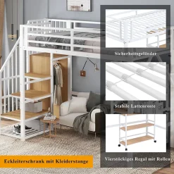 Okwish Lit mezzanine 90x200 cm avec escalier de rangement et étagères intégrées - métal et MDF - blanc + naturel - sans matelas* Lit Mezzanine