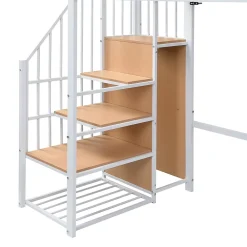 Okwish Lit mezzanine 90x200 cm avec escalier de rangement et étagères intégrées - métal et MDF - blanc + naturel - sans matelas* Lit Mezzanine