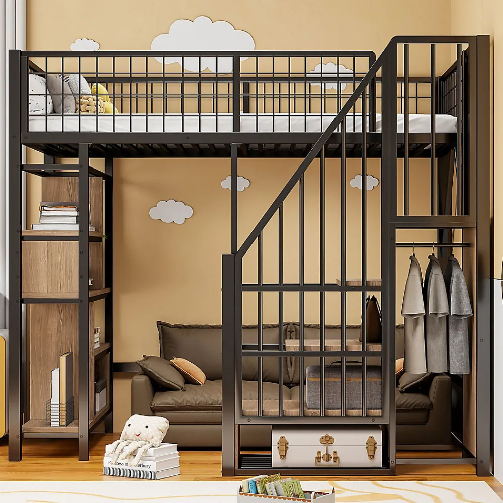 Lit mezzanine 90x200 cm avec escalier coffre et grand espace sous le lit, structure métal/bois>Redom New