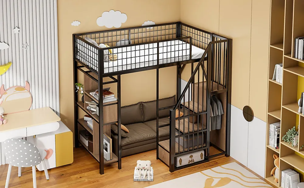 Lit mezzanine 90x200 cm avec escalier coffre et grand espace sous le lit, structure métal/bois>Redom New