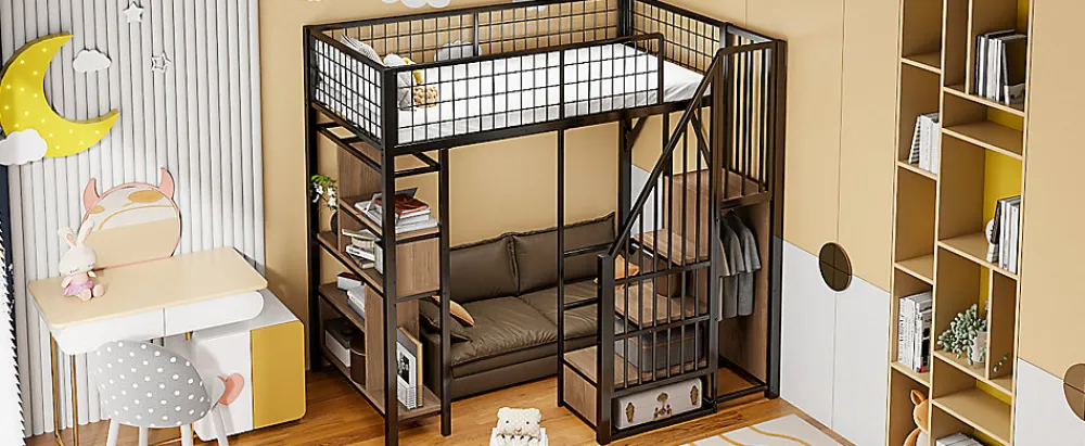 Lit mezzanine 90x200 cm avec escalier coffre et grand espace sous le lit, structure métal/bois>Redom New