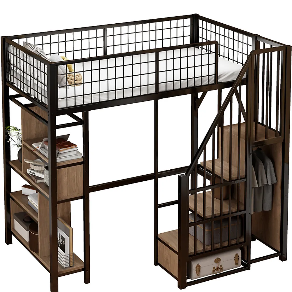 Lit mezzanine 90x200 cm avec escalier coffre et grand espace sous le lit, structure métal/bois>Redom New