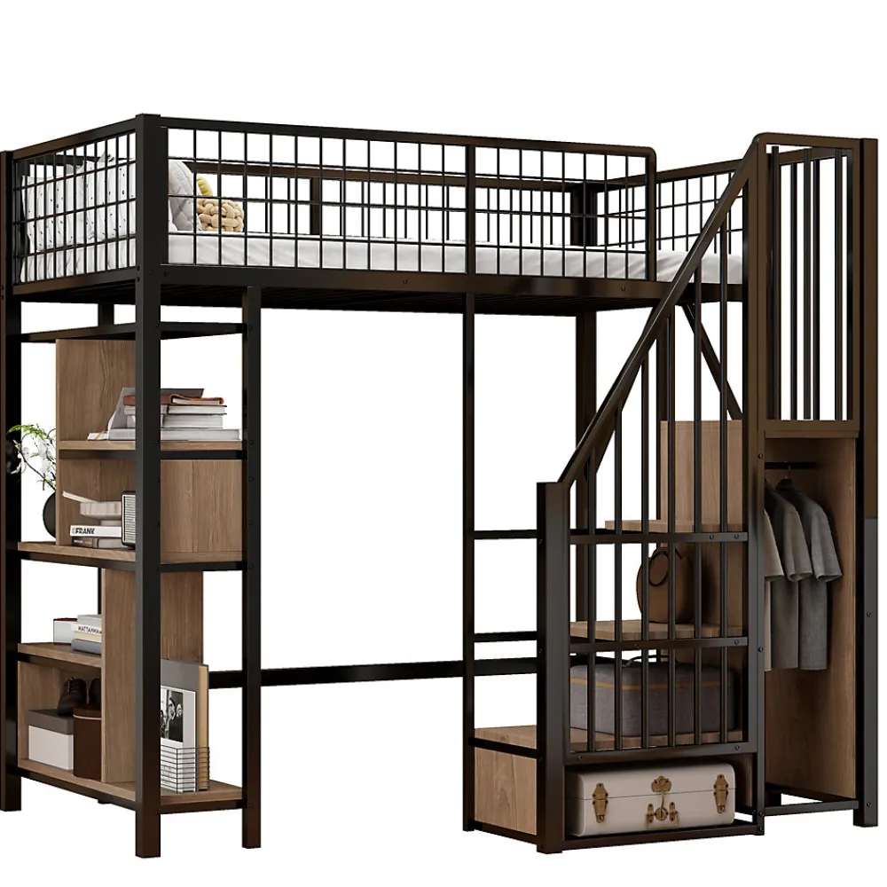 Lit mezzanine 90x200 cm avec escalier coffre et grand espace sous le lit, structure métal/bois>Redom New