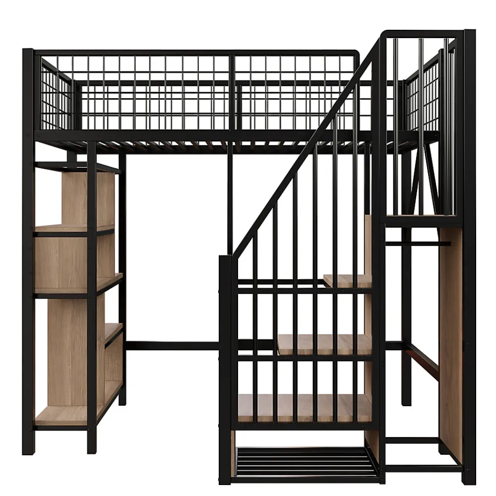 Lit mezzanine 90x200 cm avec escalier coffre et grand espace sous le lit, structure métal/bois>Redom New