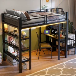 Lit mezzanine 90x200 cm avec LED et prise électrique - avec compartiments de rangement - avec étagère - noir (matelas non inclus)>ModernLuxe Hot