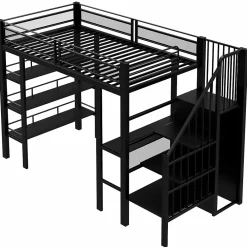 Lit mezzanine 90x200 cm avec LED et prise électrique - avec compartiments de rangement - avec étagère - noir (matelas non inclus)><noscript><img width=