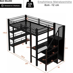 Lit mezzanine 90x200 cm avec LED et prise électrique - avec compartiments de rangement - avec étagère - noir (matelas non inclus)><noscript><img width=