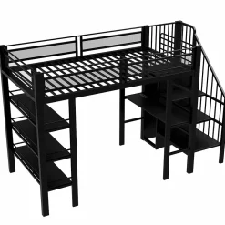 Lit mezzanine 90x200 cm avec LED et prise électrique - avec compartiments de rangement - avec étagère - noir (matelas non inclus)><noscript><img width=