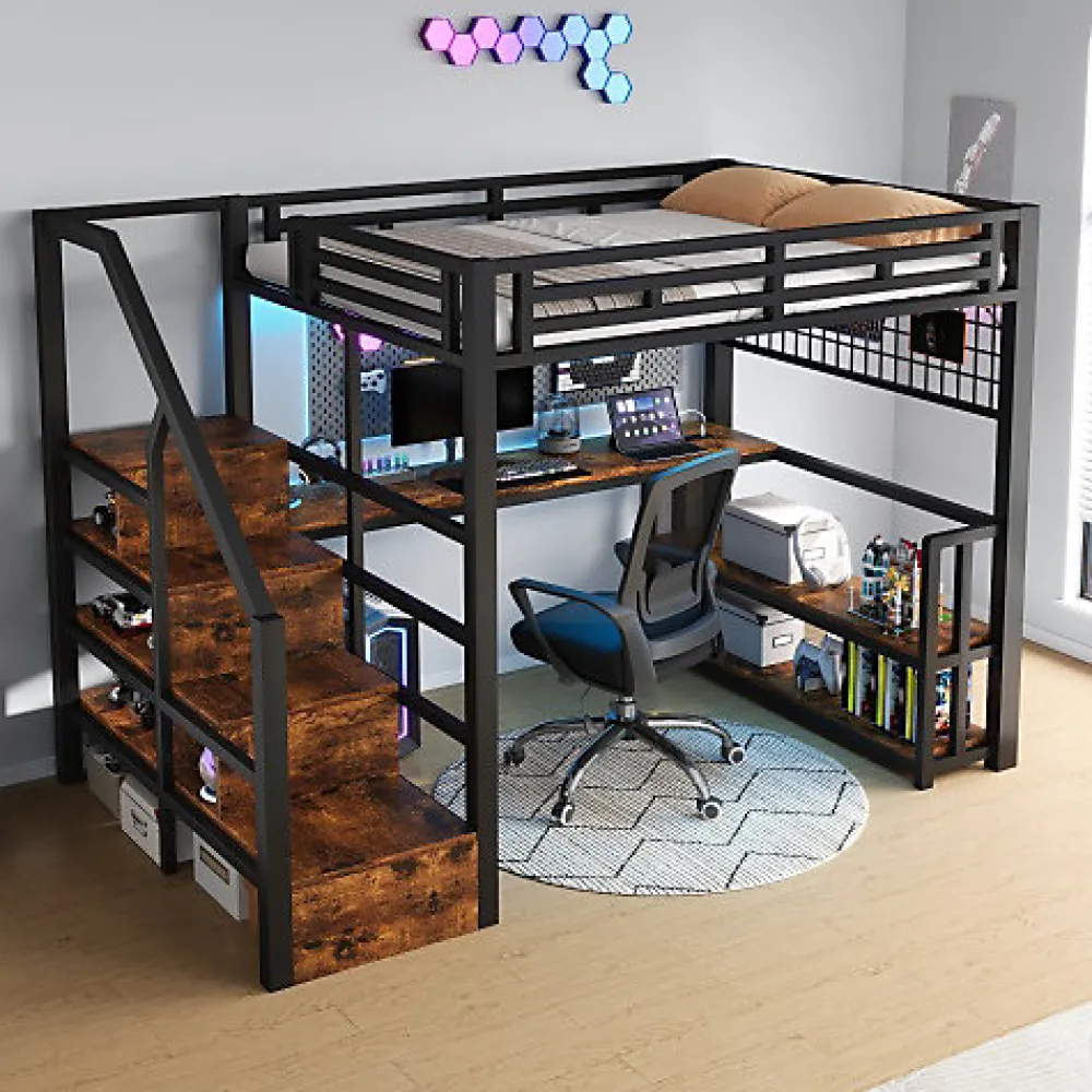 ModernLuxe Lit mezzanine 140x200 cm avec LED - avec penderie et bureau - 2 ports USB + 1 port Type-C - noir (matelas non inclus)* Lit Mezzanine