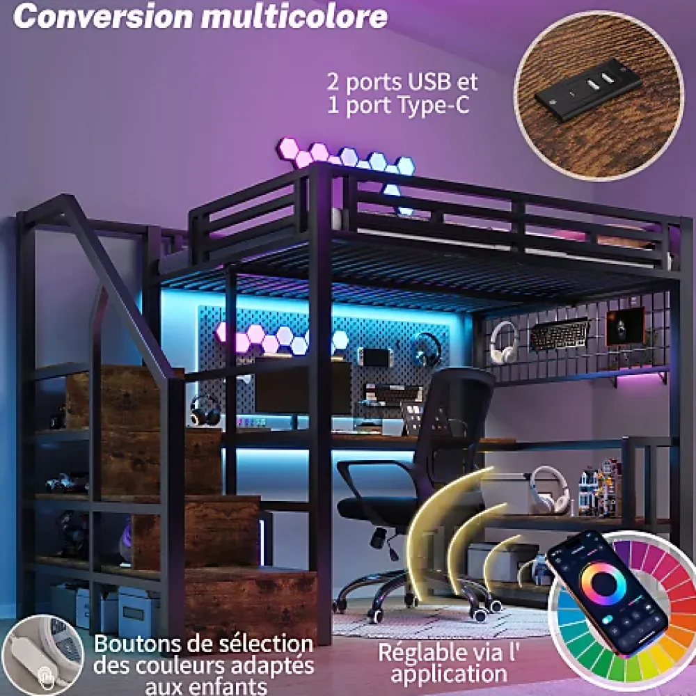 ModernLuxe Lit mezzanine 140x200 cm avec LED - avec penderie et bureau - 2 ports USB + 1 port Type-C - noir (matelas non inclus)* Lit Mezzanine